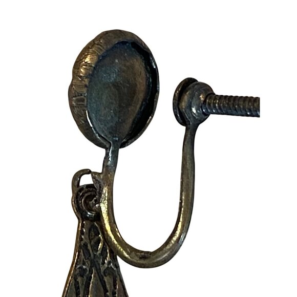 Vintage Red & Bronze Screw-Back Earrings With Intricate Floral Design & Large Ov - Picture 5 of 6